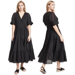 Rhode Gina Black‎ Cotton Puff Sleeve Wrap Midi Dress – Size Small